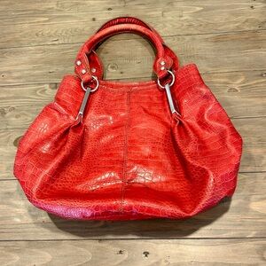 NineWest red purse, faux croc, Red, two handles with snap